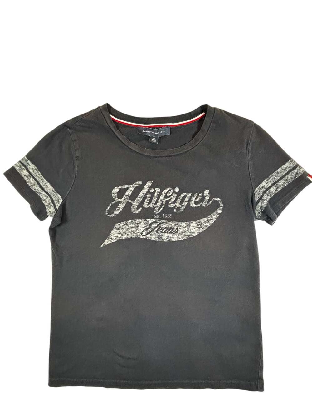 Tommy Hilfiger Jeans Script Logo Graphic Tee XS Black with Sport Stripes
